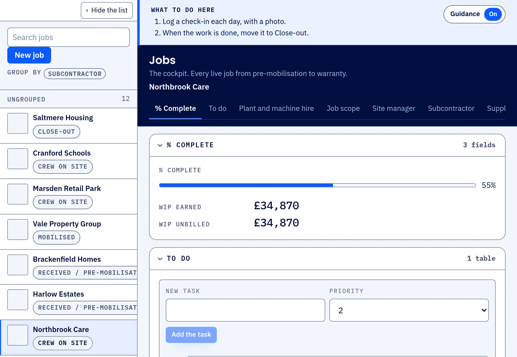 The jobs board in SUBR with every job and its stage listed on the left, and a job with crew on site open on the right showing its progress and its to-do list.