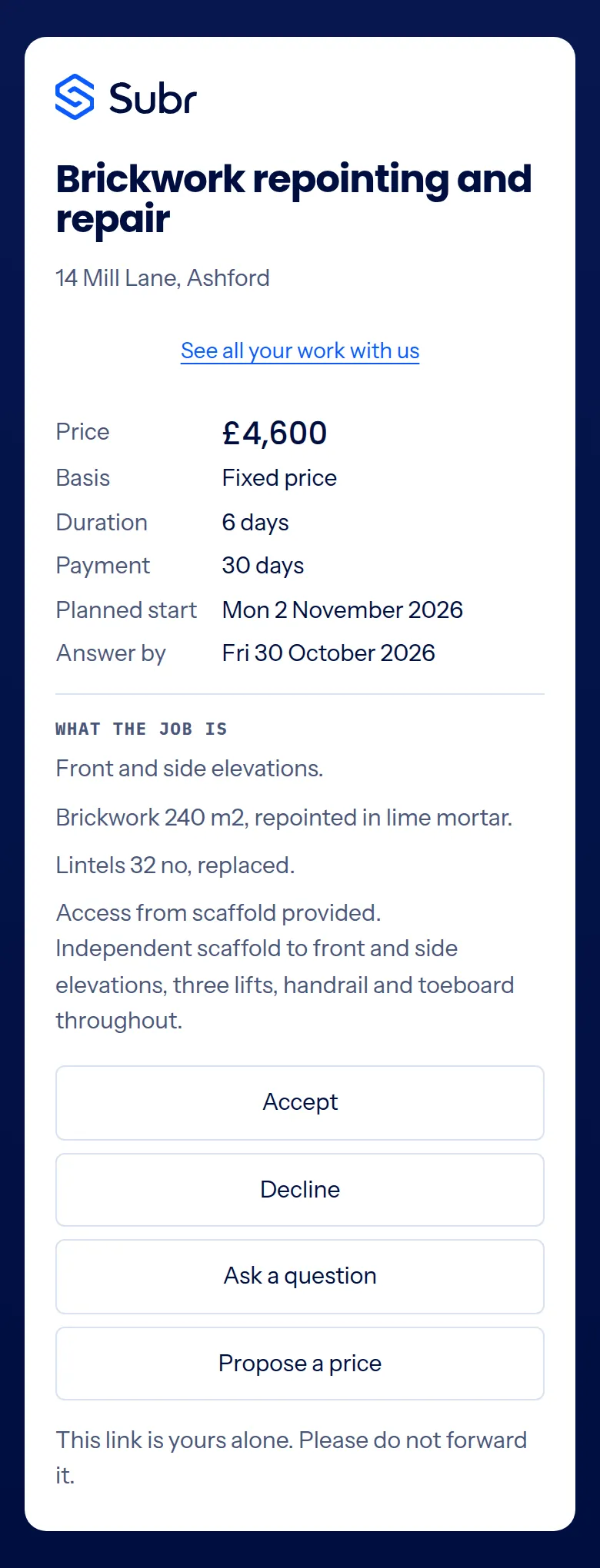 A subcontractor's offer on a phone: price, basis, duration, payment and start date, what the job is, and four buttons to accept, decline, ask a question or propose a price.