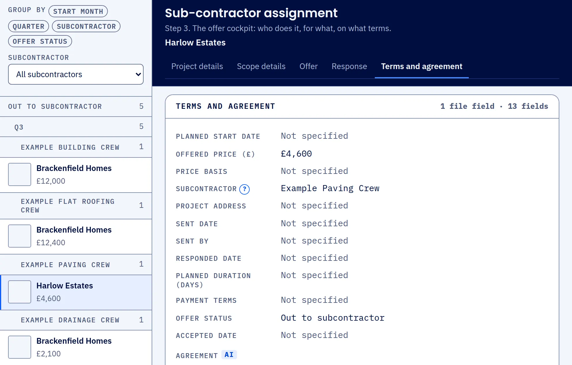 The offers screen in SUBR with offers out to subcontractors listed by crew, and one offer open showing its price, its subcontractor and its status.