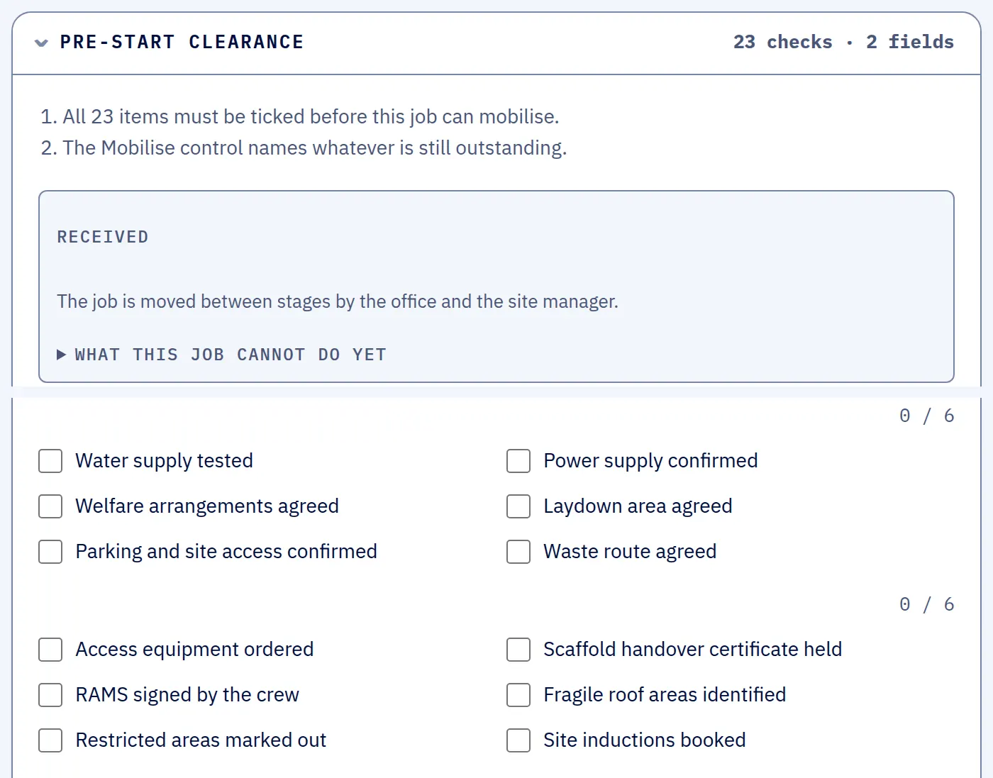 The pre-start clearance on a job in SUBR, with the 23 items to tick before it can mobilise and none of them ticked yet. The first two groups are shown.