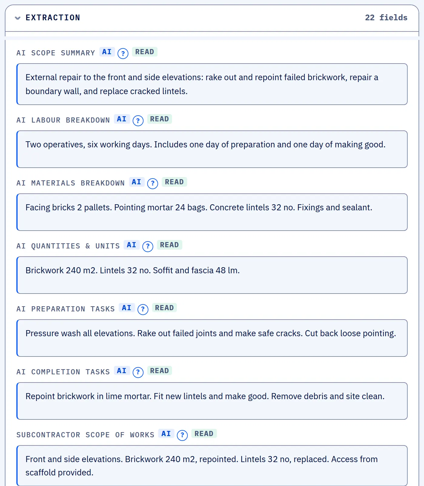The AI's read of a quote in SUBR: a scope summary, labour breakdown, materials breakdown, quantities, preparation and completion tasks, and the wording for the subcontractor.