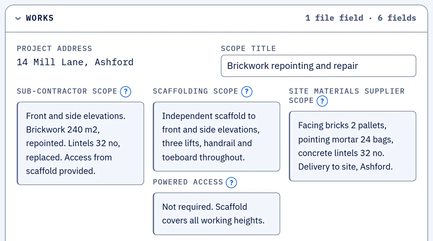 The works section of a scope in SUBR with the sub-contractor scope, scaffolding scope, powered access and site materials supplier scope, and no costs, margin or client price.